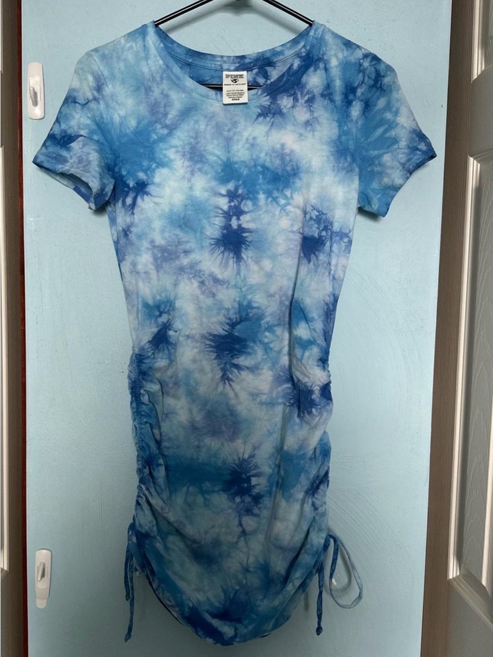 Blue Tie-Dye Ruched Short Sleeve Dress